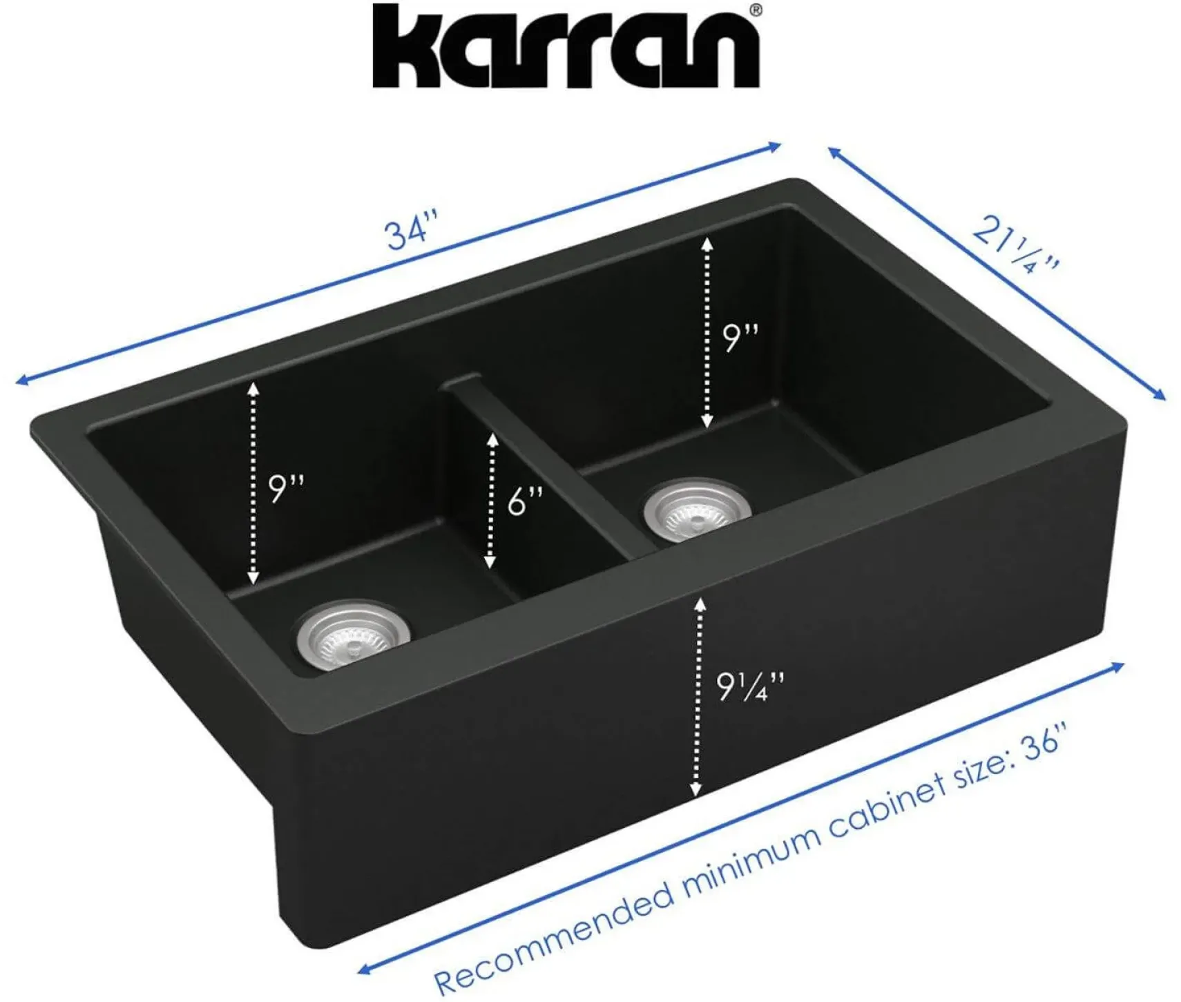 Karran 34" Quartz Composite Farmhouse Sink, 50/50 Double Bowl, Black, QA-750-BL