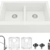 Karran 34" Quartz Composite Farmhouse Sink with Stainless Steel Faucet and Accessories, 50/50 Double Bowl, White, QA750WH210SS