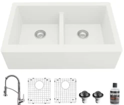 Karran 34" Quartz Composite Farmhouse Sink with Stainless Steel Faucet and Accessories, 50/50 Double Bowl, White, QA750WH210SS