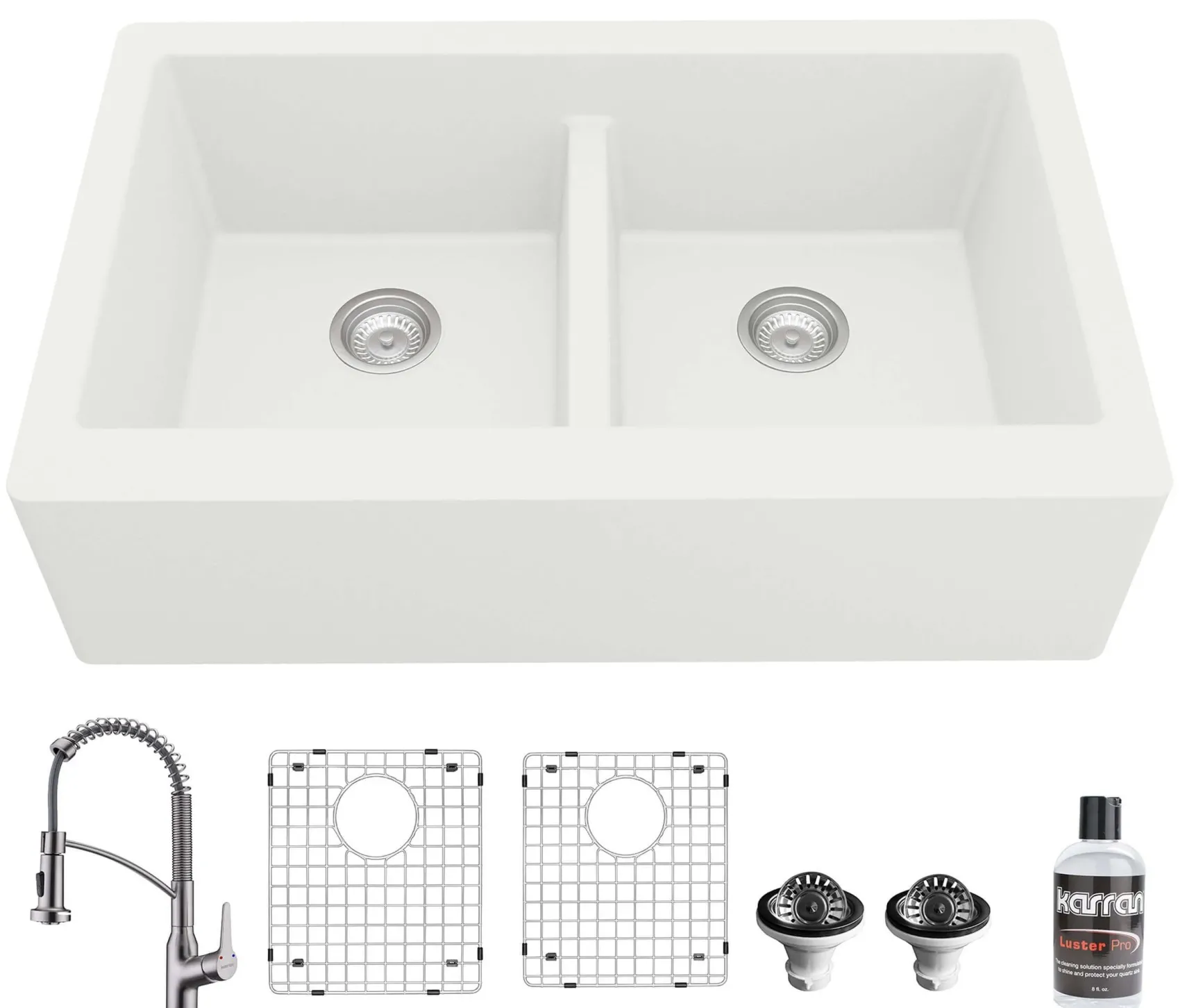 Karran 34" Quartz Composite Farmhouse Sink with Stainless Steel Faucet and Accessories, 50/50 Double Bowl, White, QA750WH210SS