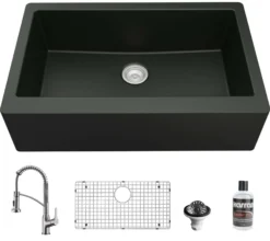 Karran 34" Quartz Composite Farmhouse Sink with Stainless Steel Faucet and Accessories, Black, QA740BL210SS