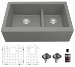 Karran 34" Quartz Composite Farmhouse Sink, 60/40 Double Bowl, Grey, QA-760-GR-PK1