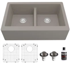 Karran 34" Quartz Composite Farmhouse Sink, 50/50 Double Bowl, Concrete, QA-750-CN-PK1