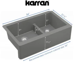 Karran 34" Quartz Composite Farmhouse Sink, 60/40 Double Bowl, Grey, QA-760-GR