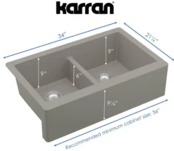 Karran 34" Quartz Composite Farmhouse Sink, 50/50 Double Bowl, Concrete, QA-750-CN