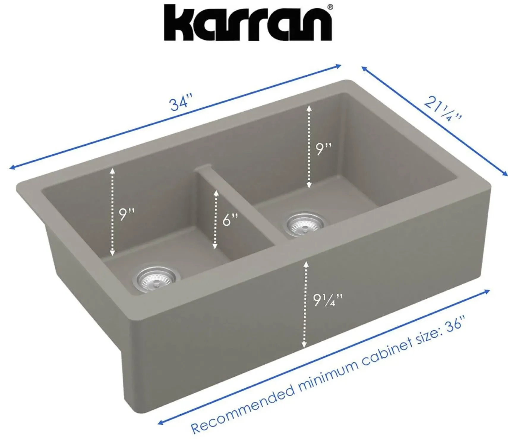 Karran 34" Quartz Composite Farmhouse Sink, 50/50 Double Bowl, Concrete, QA-750-CN