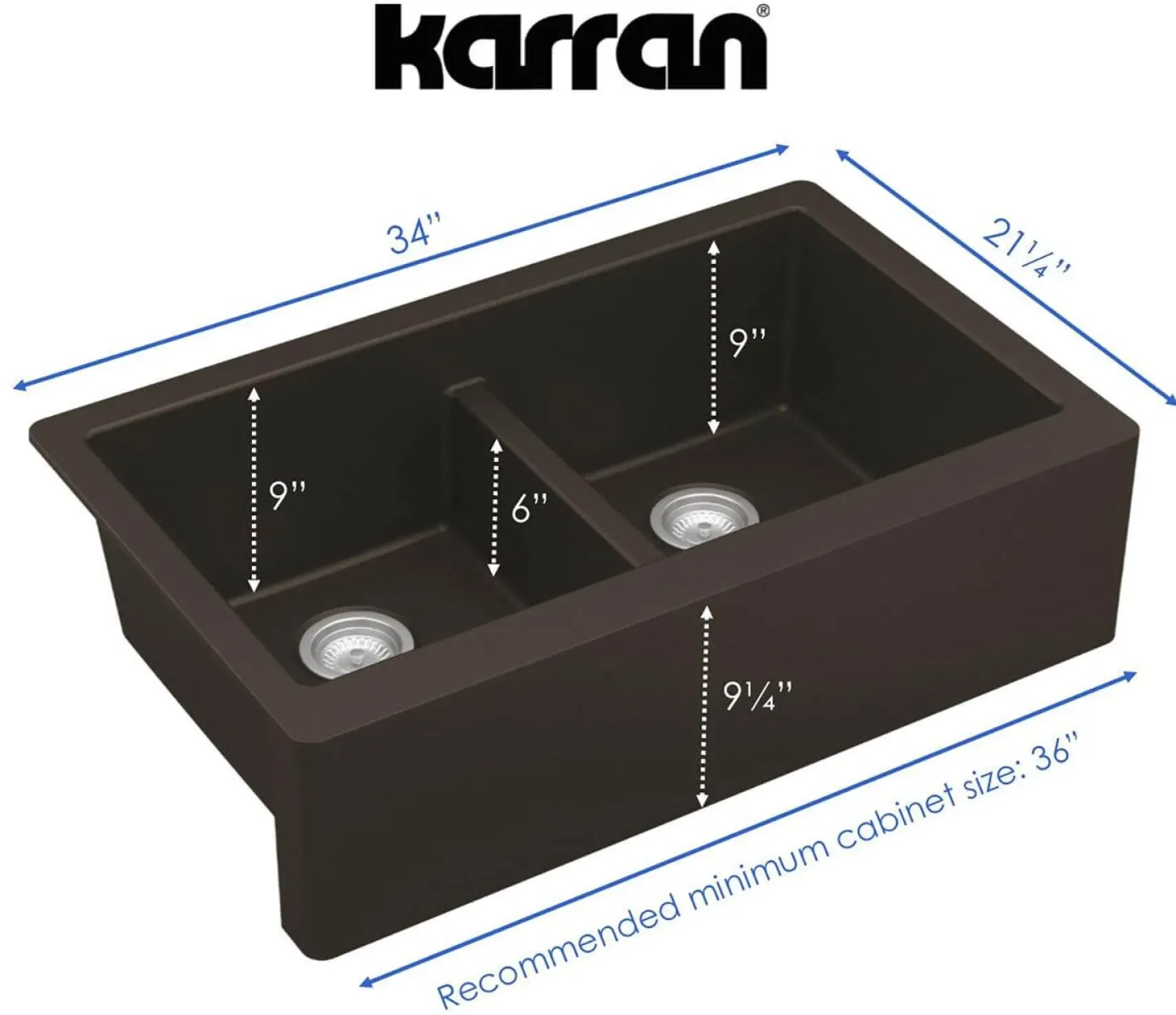 Karran 34" Quartz Composite Farmhouse Sink, 50/50 Double Bowl, Brown, QA-750-BR