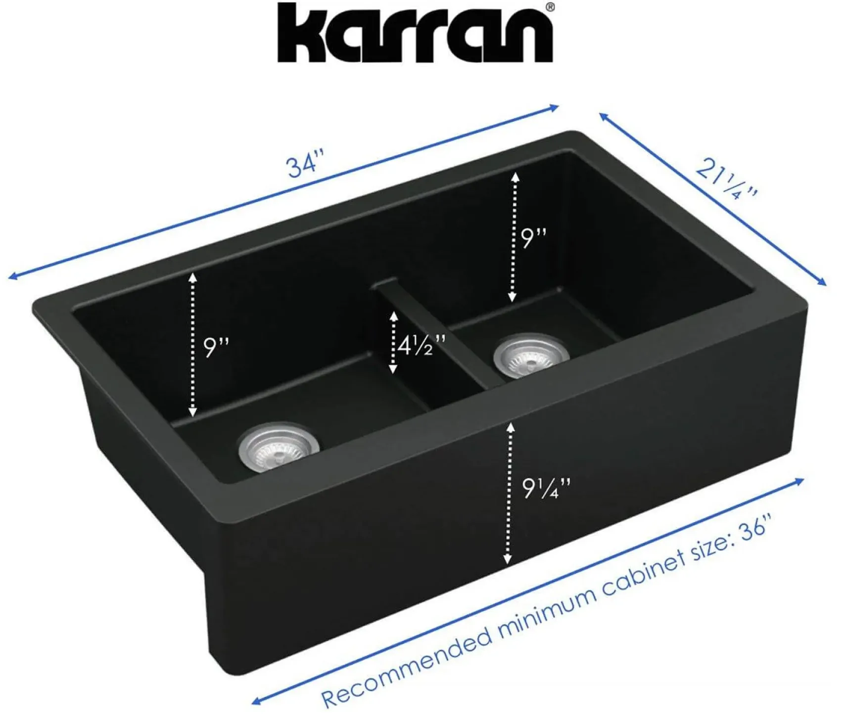 Karran 34" Quartz Composite Farmhouse Sink, 60/40 Double Bowl, Black, QA-760-BL