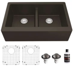 Karran 34" Quartz Composite Farmhouse Sink, 50/50 Double Bowl, Brown, QA-750-BR-PK1