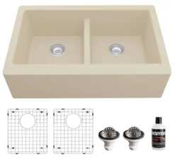 Karran 34" Quartz Composite Farmhouse Sink, 50/50 Double Bowl, Bisque, QA-750-BI-PK1