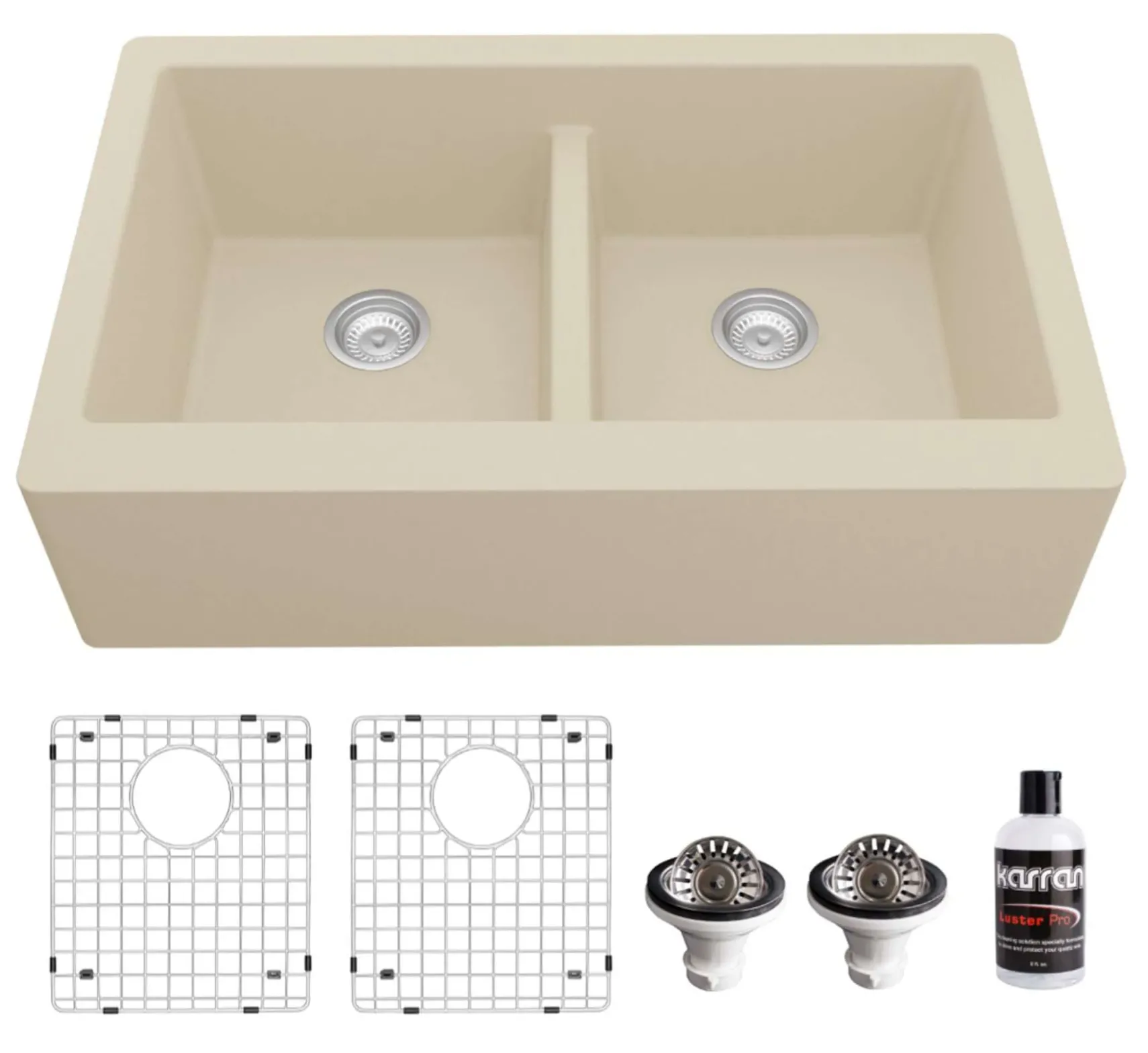 Karran 34" Quartz Composite Farmhouse Sink, 50/50 Double Bowl, Bisque, QA-750-BI-PK1