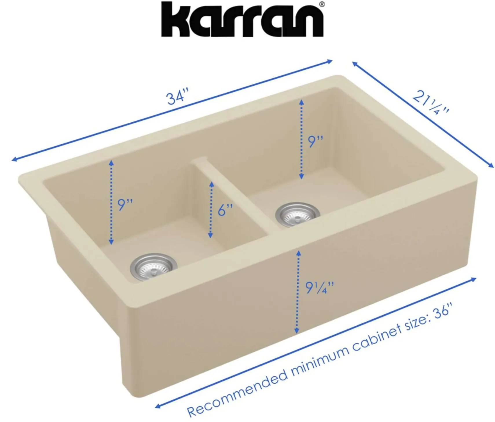 Karran 34" Quartz Composite Farmhouse Sink, 50/50 Double Bowl, Bisque, QA-750-BI-PK1