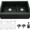 Karran 34" Quartz Composite Farmhouse Sink, 60/40 Double Bowl, Black, QA-760-BL-PK1