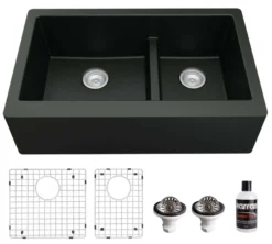 Karran 34" Quartz Composite Farmhouse Sink, 60/40 Double Bowl, Black, QA-760-BL-PK1