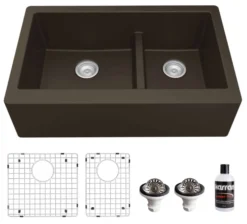 Karran 34" Quartz Composite Farmhouse Sink, 60/40 Double Bowl, Brown, QA-760-BR-PK1