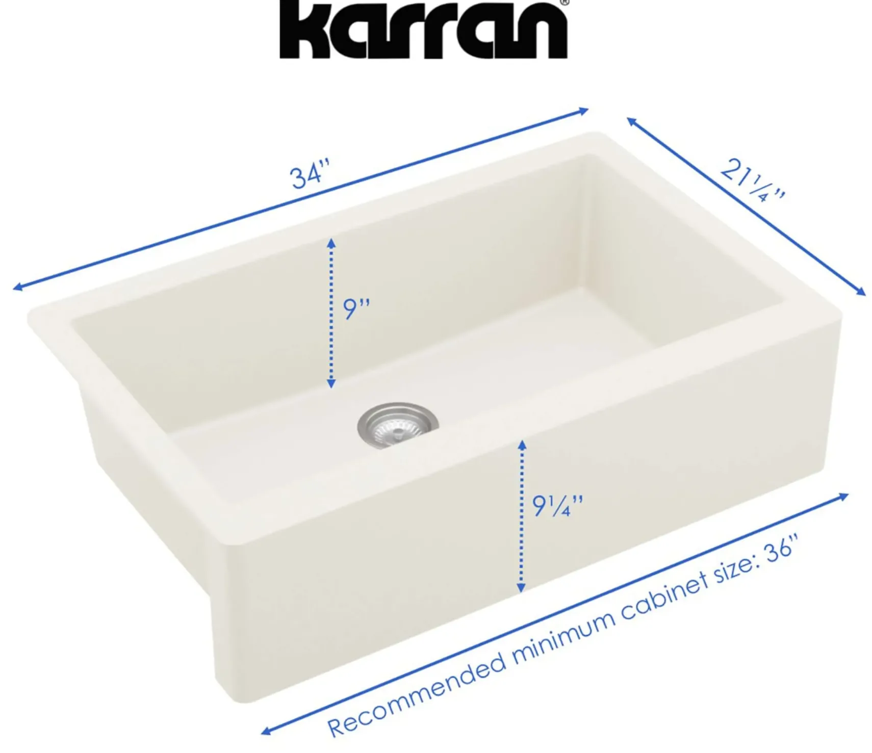 Karran 34" Quartz Composite Farmhouse Sink, White, QA-740-WH-PK1