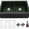Karran 34" Quartz Composite Farmhouse Sink, 50/50 Double Bowl, Black, QA-750-BL-PK1