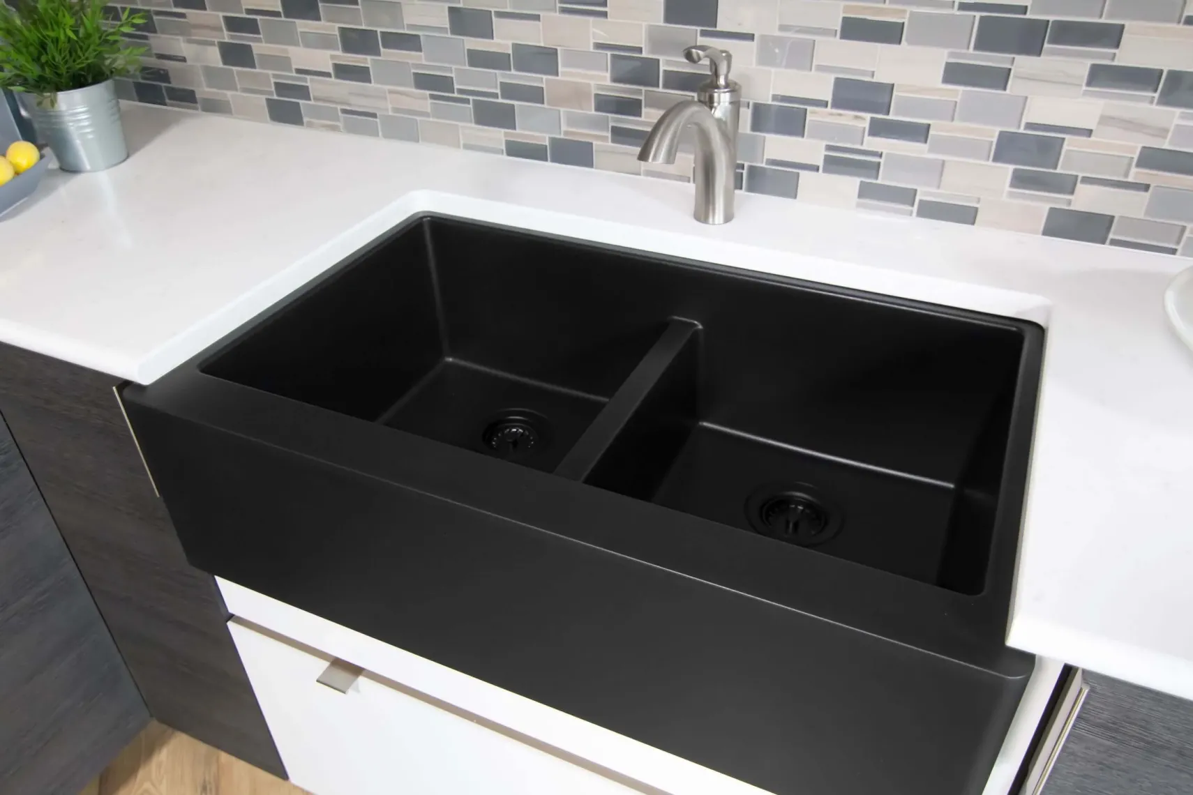 Karran 34" Quartz Composite Farmhouse Sink, 50/50 Double Bowl, Black, QA-750-BL-PK1