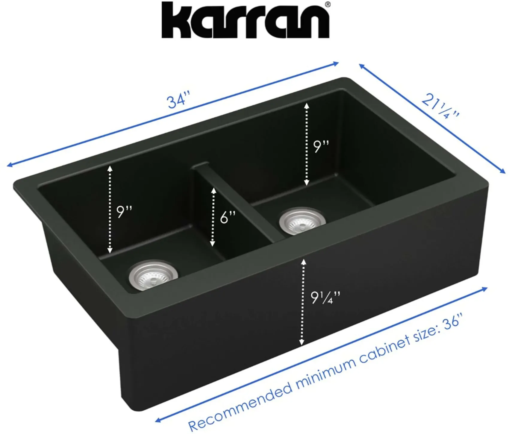 Karran 34" Quartz Composite Farmhouse Sink, 50/50 Double Bowl, Black, QA-750-BL-PK1