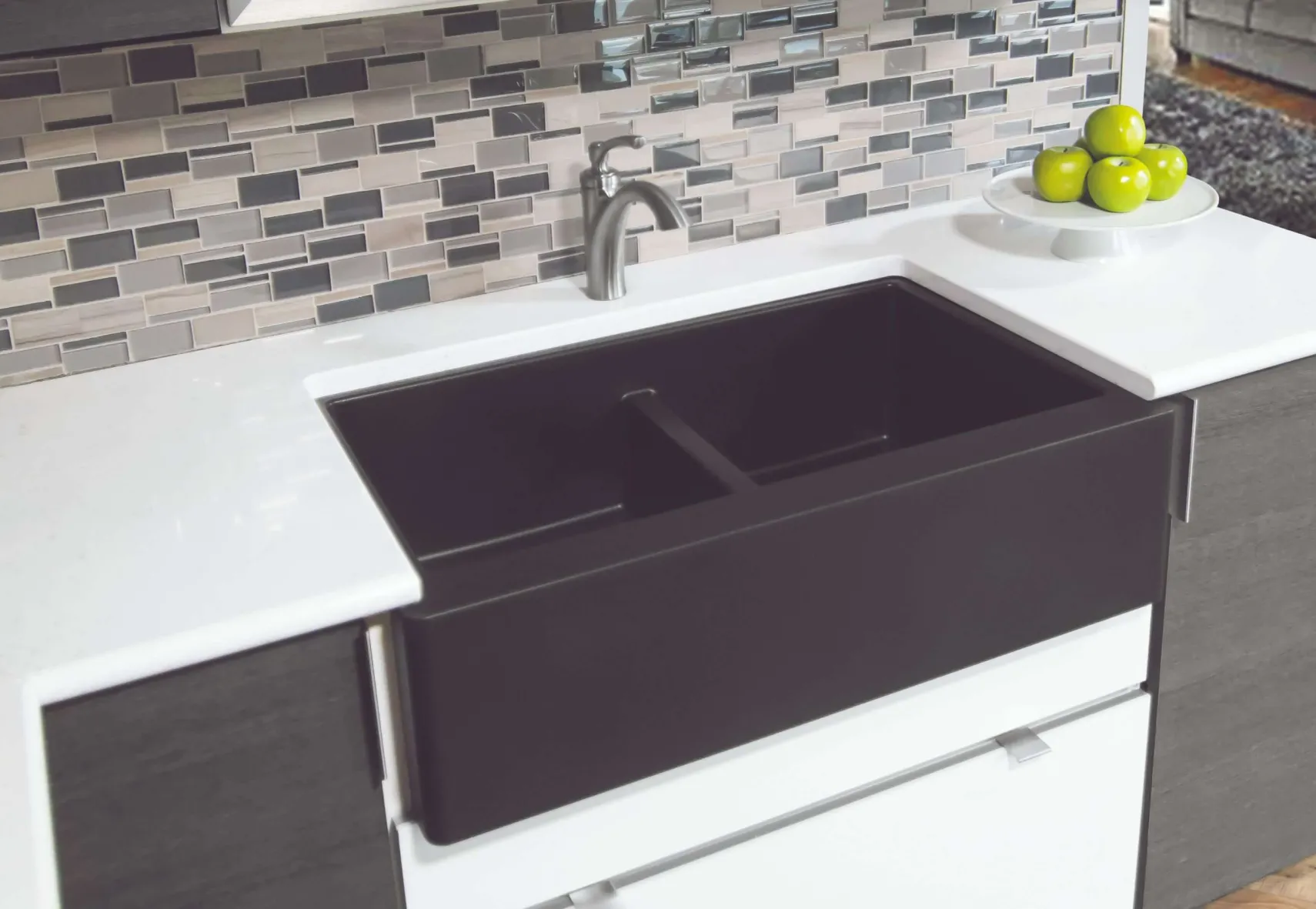 Karran 34" Quartz Composite Farmhouse Sink, 50/50 Double Bowl, Black, QA-750-BL-PK1