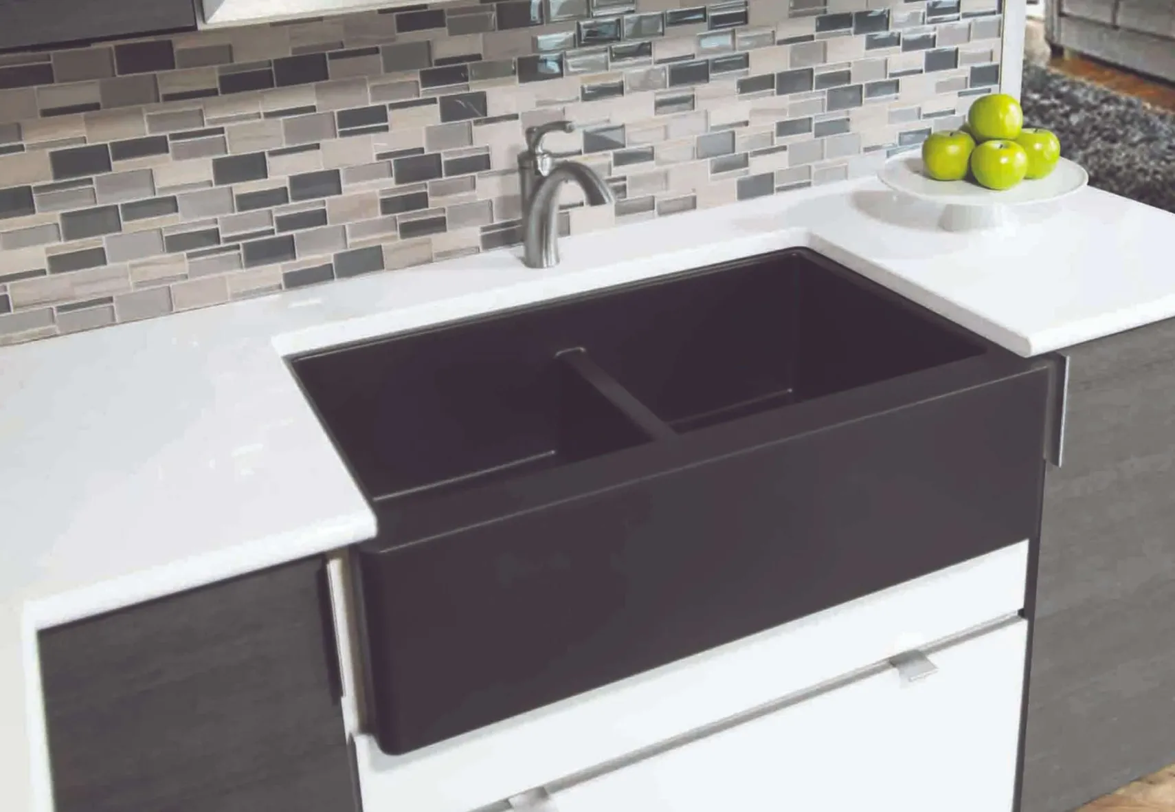 Karran 34" Quartz Composite Farmhouse Sink, 50/50 Double Bowl, Black, QA-750-BL-PK1