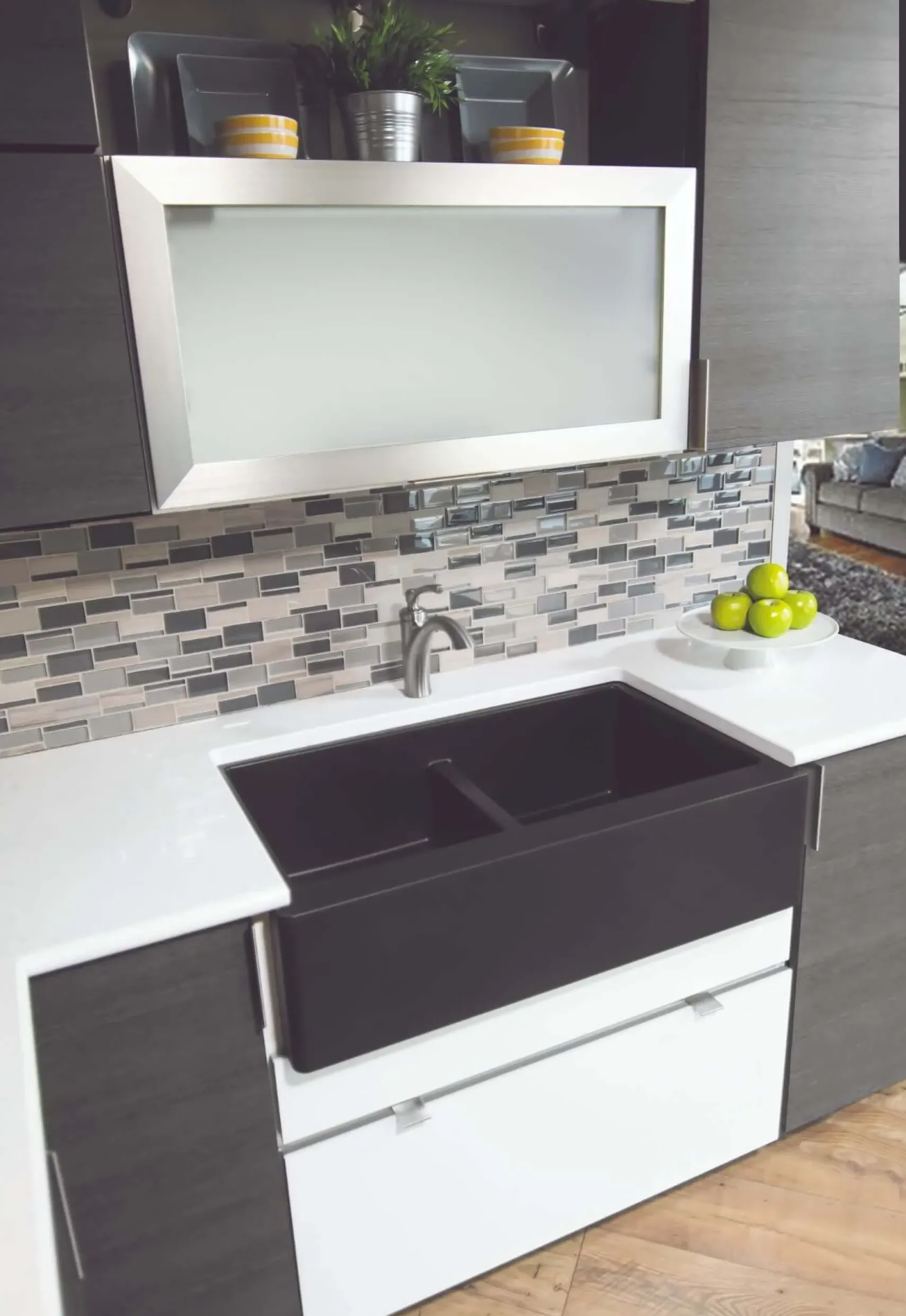 Karran 34" Quartz Composite Farmhouse Sink, 50/50 Double Bowl, Black, QA-750-BL-PK1
