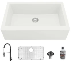 Karran 34" Quartz Composite Farmhouse Sink with Matte Black Faucet and Accessories, White, QA740WH220MB
