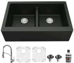 Karran 34" Quartz Composite Farmhouse Sink with Stainless Steel Faucet and Accessories, 50/50 Double Bowl, Black, QA750BL210SS