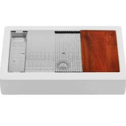 Karran 34" Quartz Composite Retrofit Workstation Farmhouse Sink with Accessories, White, QARWS-740-WH