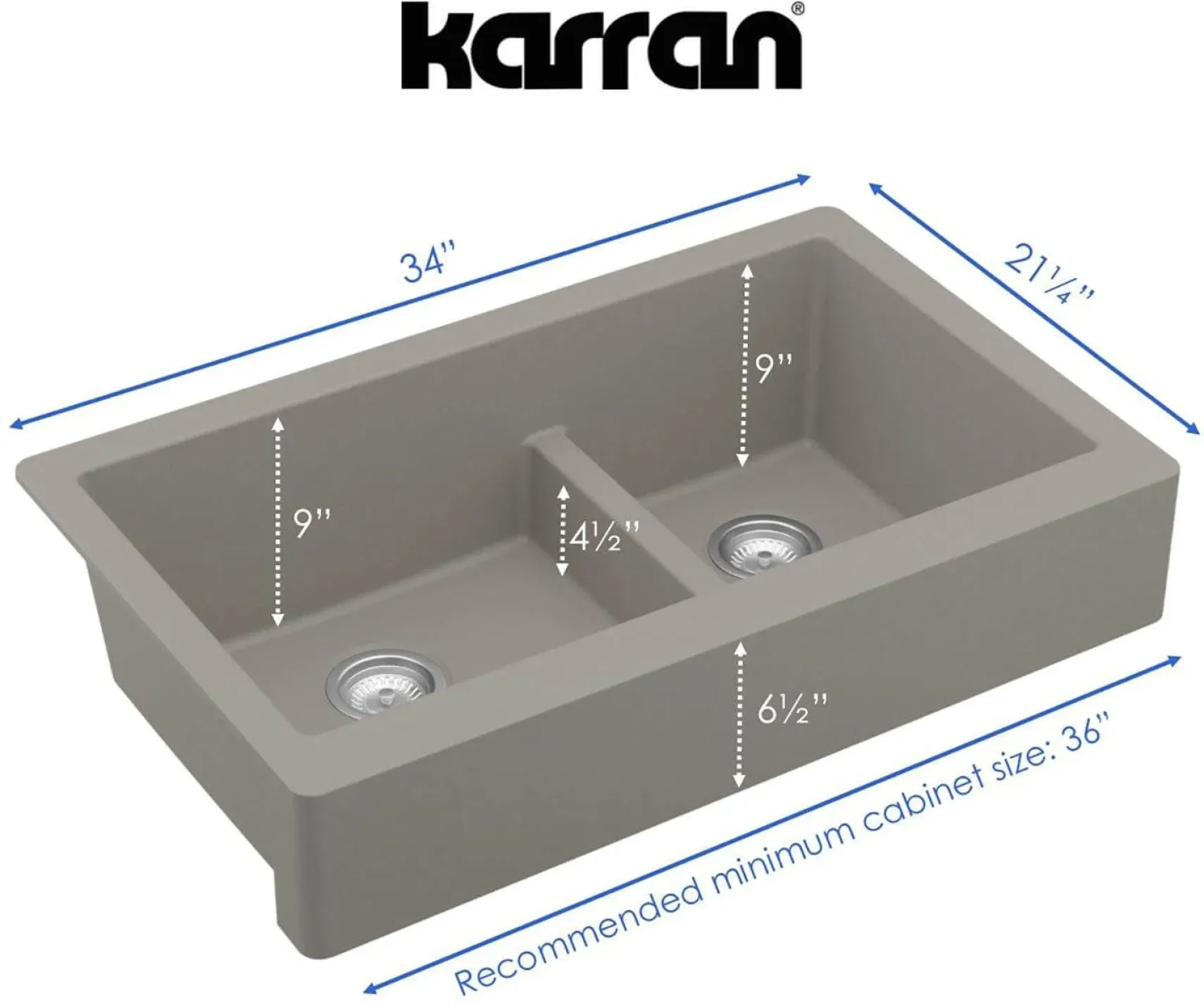 Karran 34" Quartz Composite Retrofit Farmhouse Sink, 60/40 Double Bowl, Concrete, QAR-760-CN