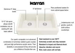 Karran 34" Quartz Composite Retrofit Farmhouse Sink, 50/50 Double Bowl, White, QAR-750-WH