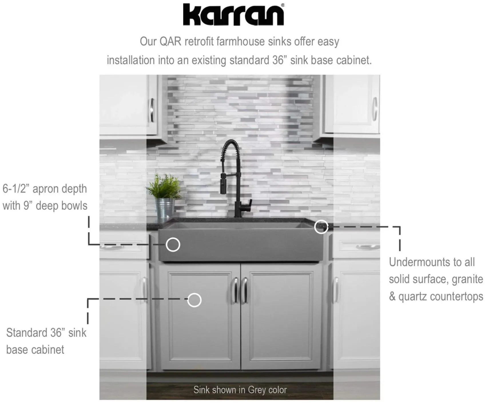 Karran 34" Quartz Composite Retrofit Farmhouse Sink, Concrete, QAR-740-CN