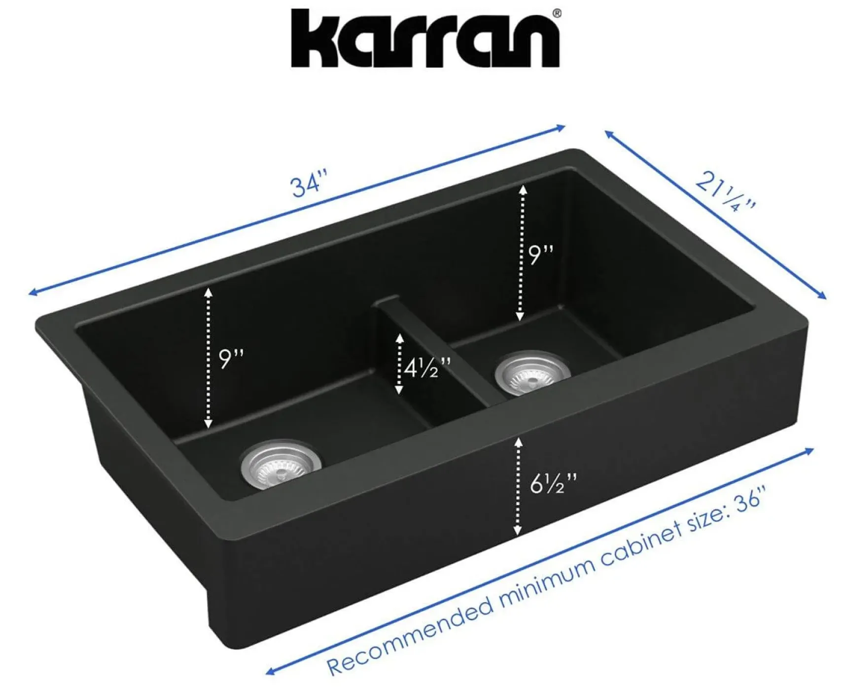 Karran 34" Quartz Composite Retrofit Farmhouse Sink, 60/40 Double Bowl, Black, QAR-760-BL