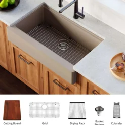Karran 34" Quartz Composite Retrofit Workstation Farmhouse Sink with Accessories, Concrete, QARWS-740-CN