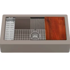 Karran 34" Quartz Composite Retrofit Workstation Farmhouse Sink with Accessories, Concrete, QARWS-740-CN