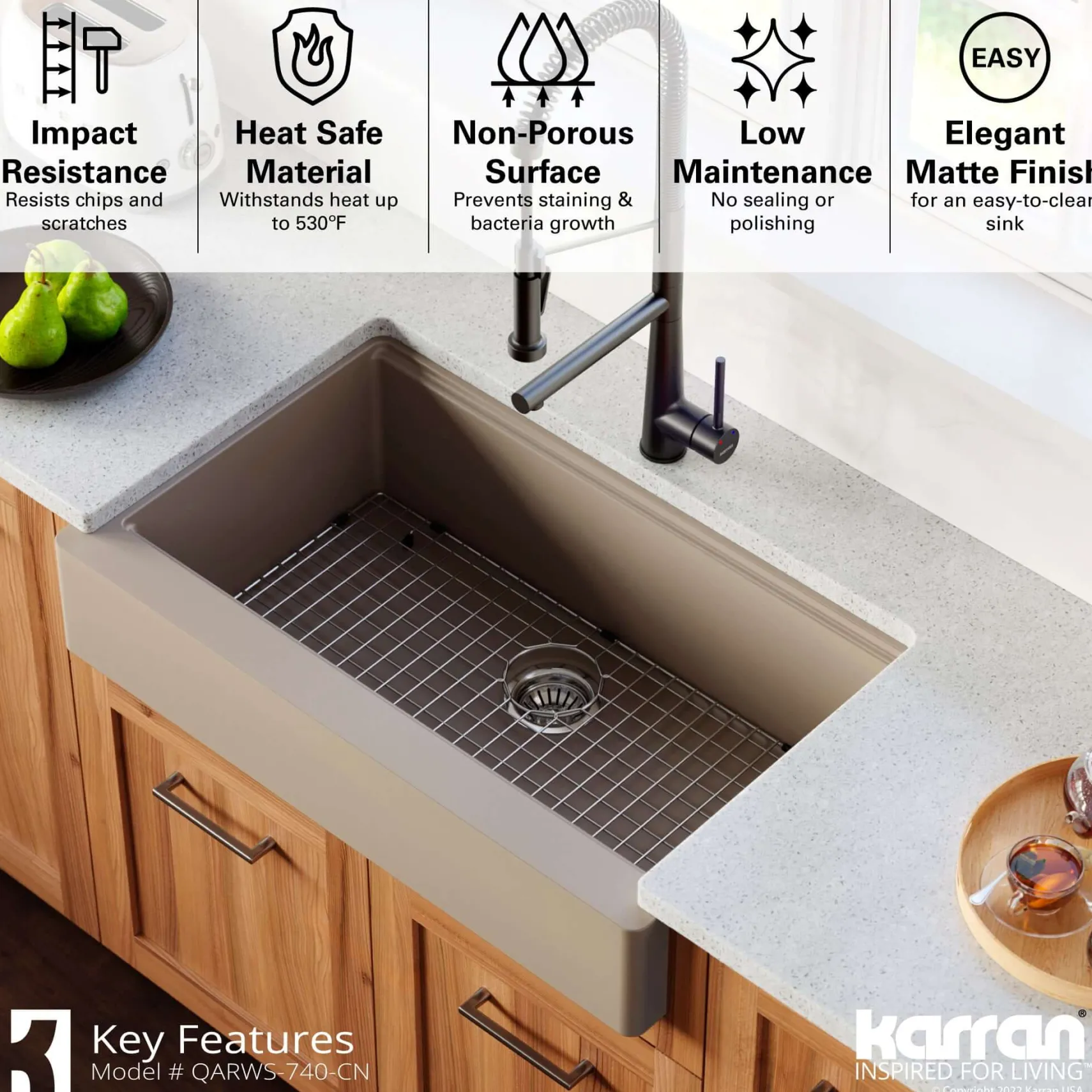 Karran 34" Quartz Composite Retrofit Workstation Farmhouse Sink with Accessories, Concrete, QARWS-740-CN
