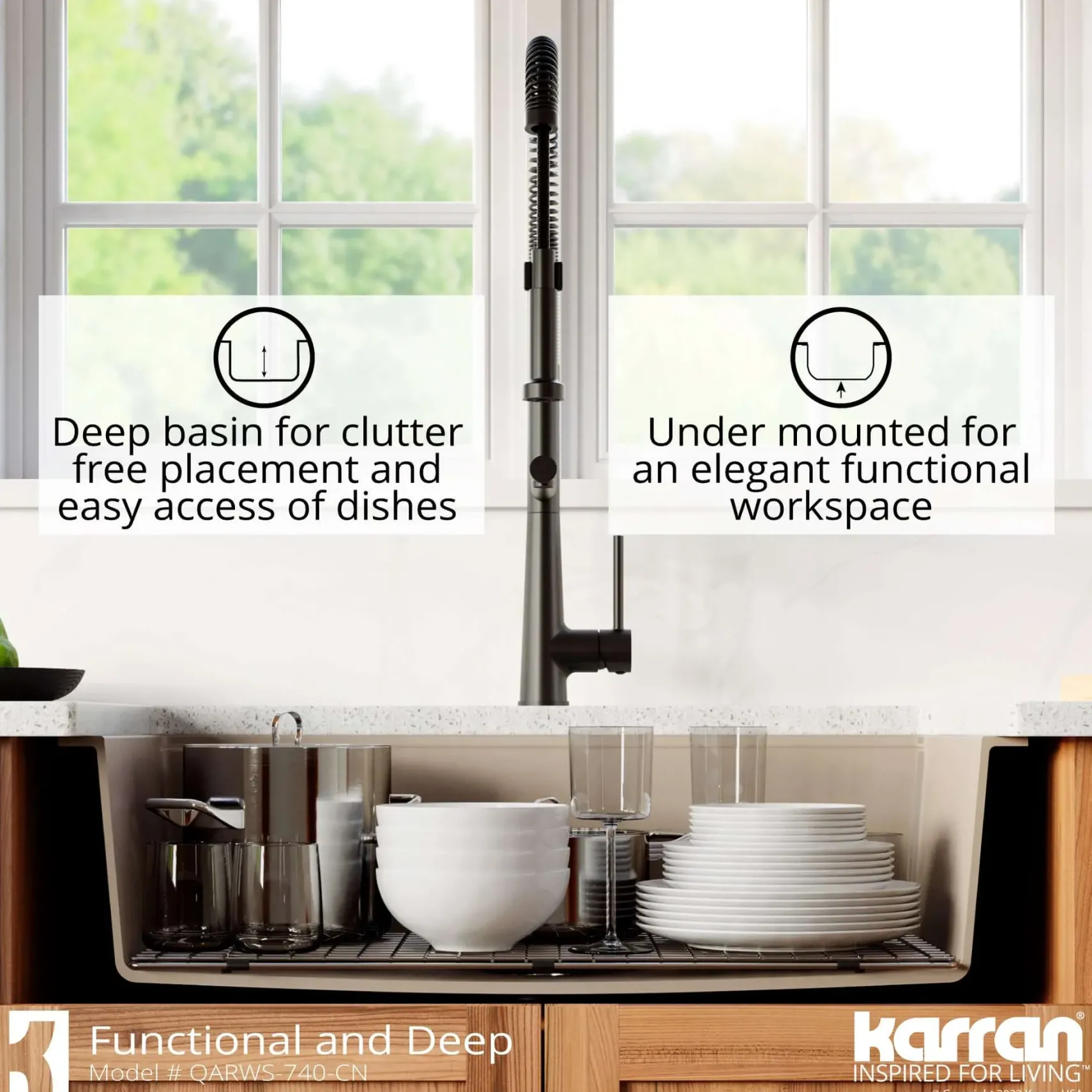 Karran 34" Quartz Composite Retrofit Workstation Farmhouse Sink with Accessories, Concrete, QARWS-740-CN