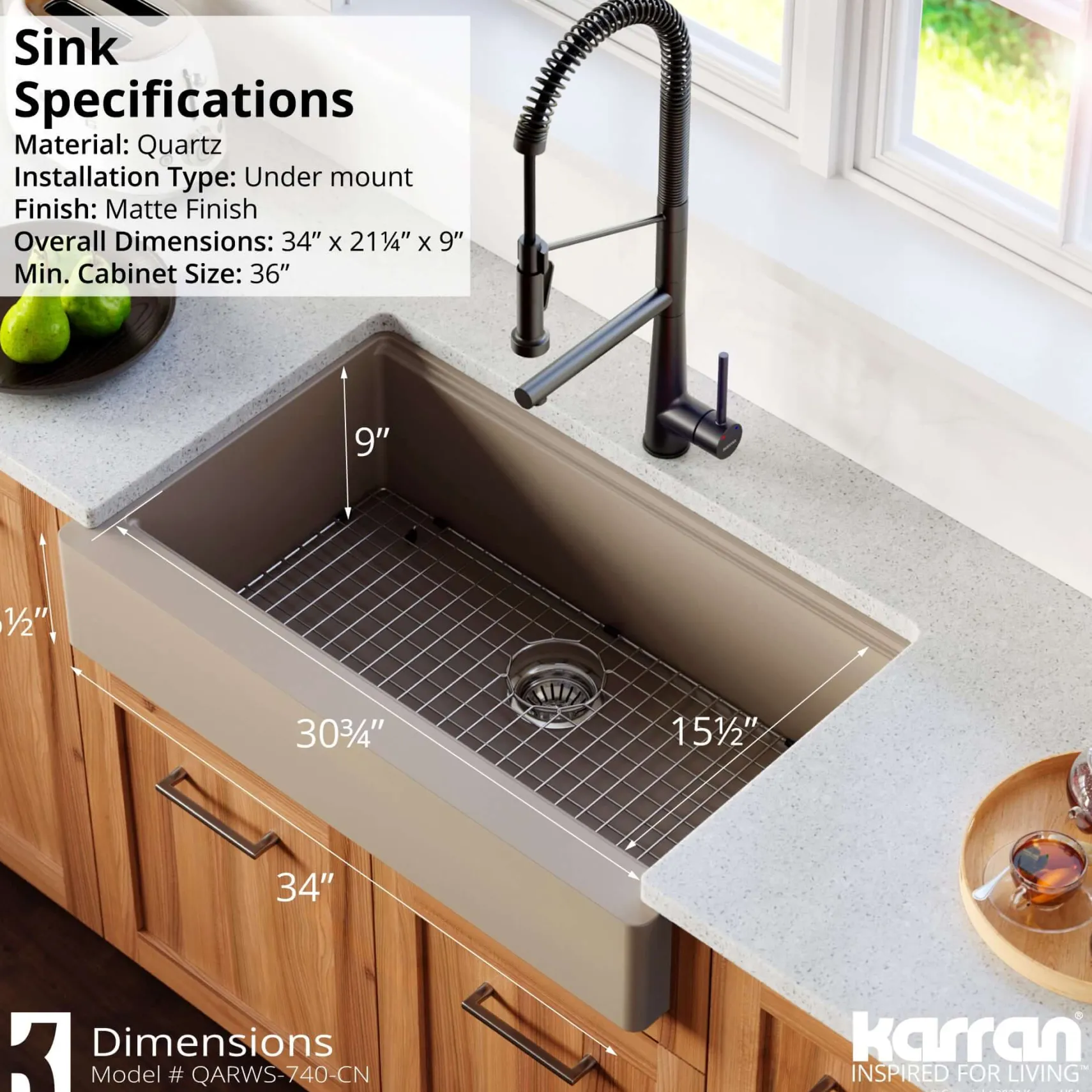 Karran 34" Quartz Composite Retrofit Workstation Farmhouse Sink with Accessories, Concrete, QARWS-740-CN