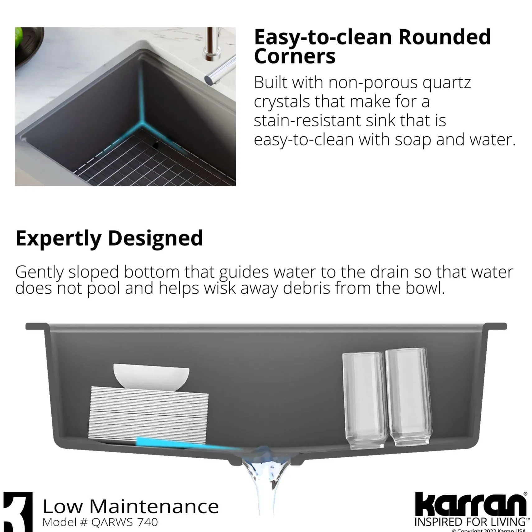 Karran 34" Quartz Composite Retrofit Workstation Farmhouse Sink with Accessories, Concrete, QARWS-740-CN