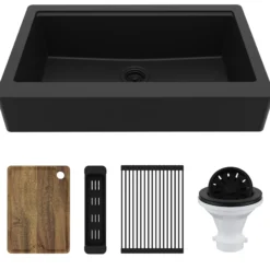 Karran 34" Quartz Composite Retrofit Workstation Farmhouse Sink, Black, QARWS-740-BL-PK2