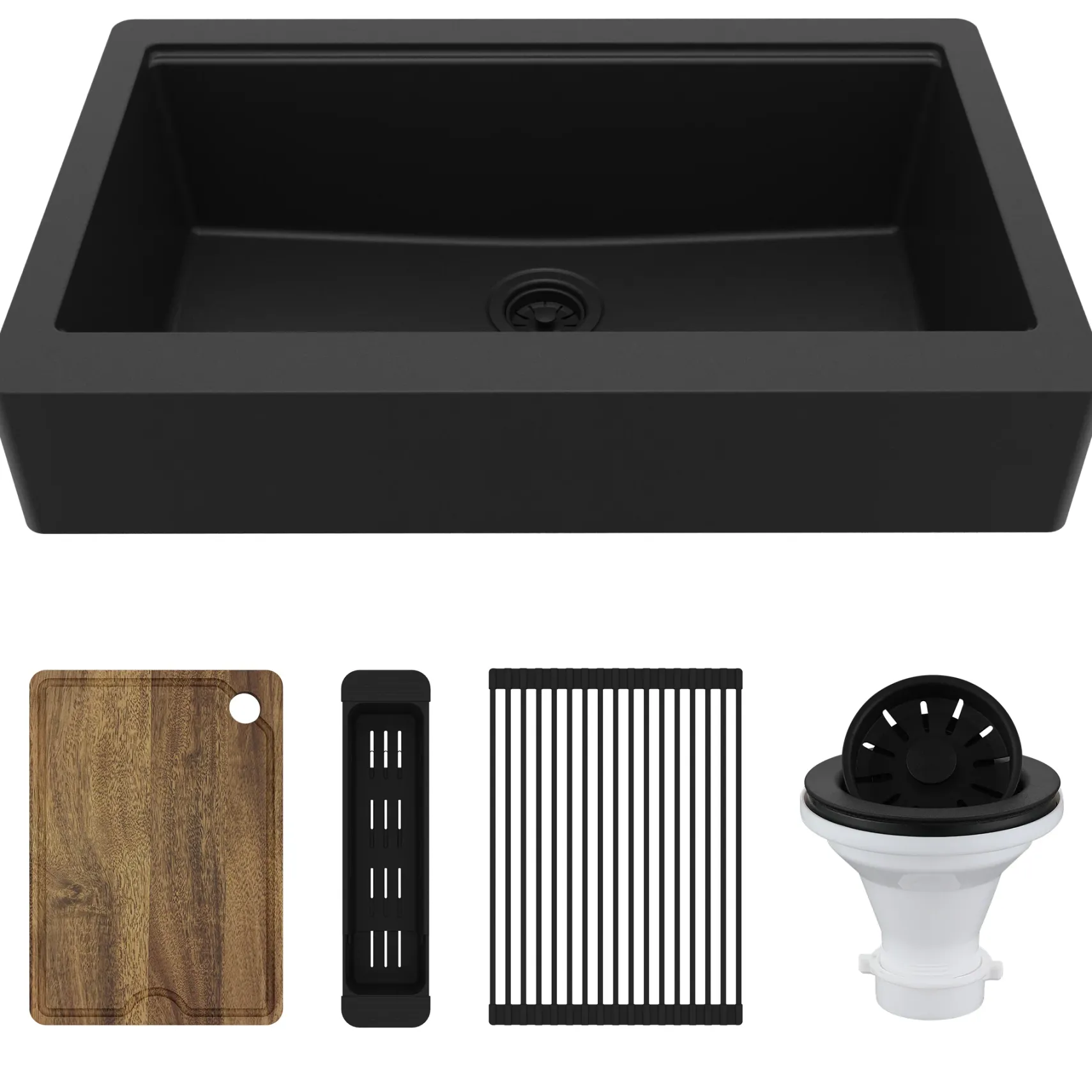 Karran 34" Quartz Composite Retrofit Workstation Farmhouse Sink, Black, QARWS-740-BL-PK2