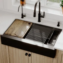 Karran 34" Quartz Composite Retrofit Workstation Farmhouse Sink, Black, QARWS-740-BL-PK2