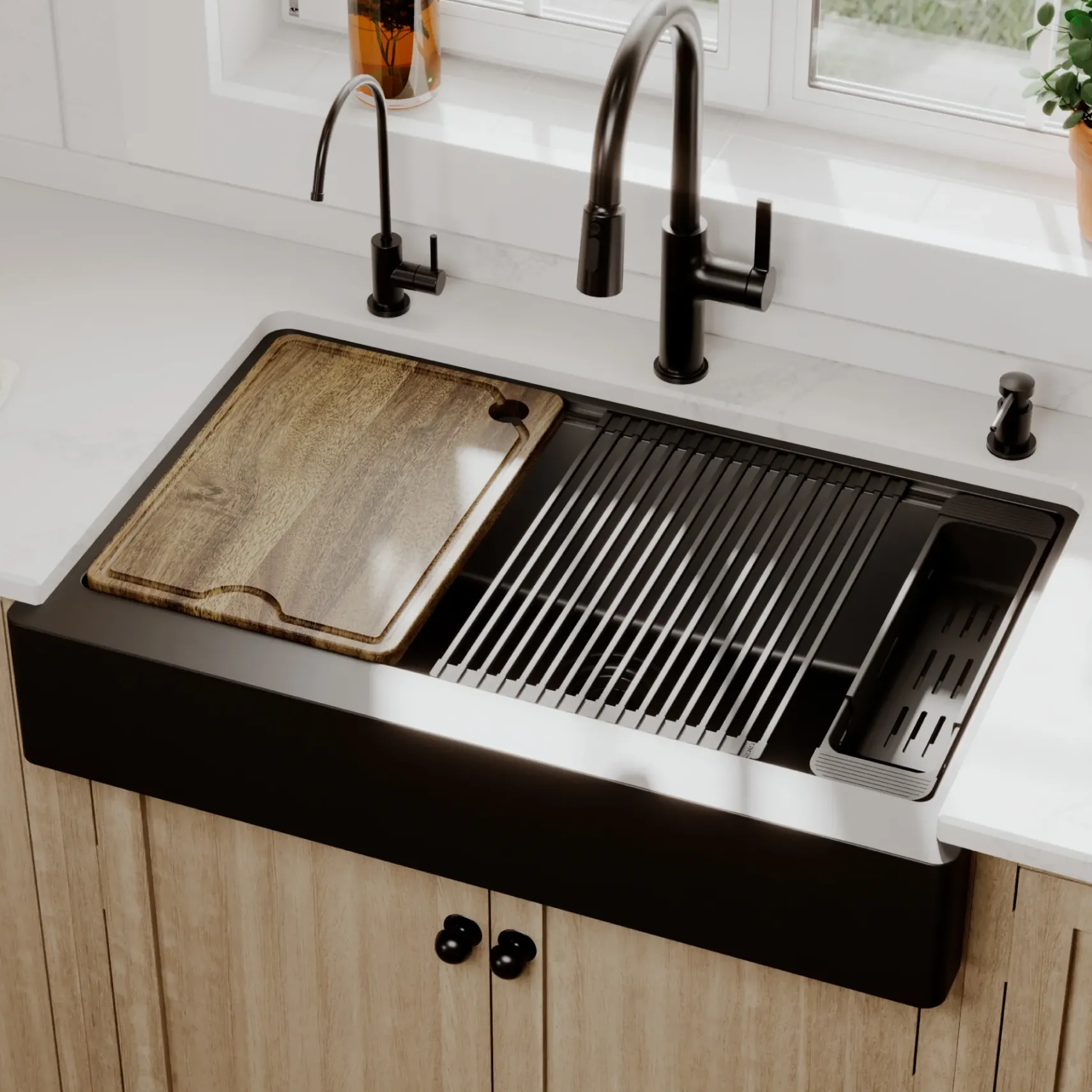 Karran 34" Quartz Composite Retrofit Workstation Farmhouse Sink, Black, QARWS-740-BL-PK2