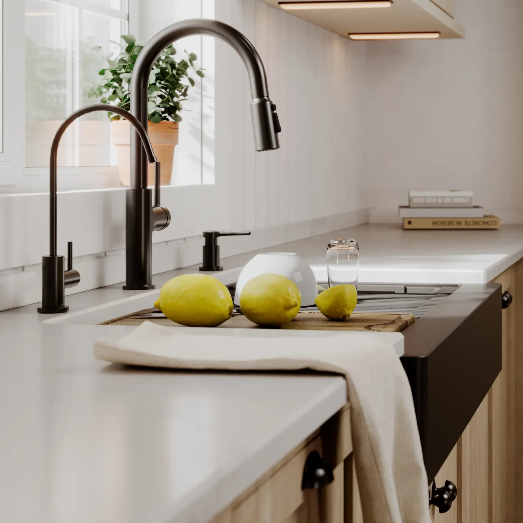 Karran 34" Quartz Composite Retrofit Workstation Farmhouse Sink, Black, QARWS-740-BL-PK2