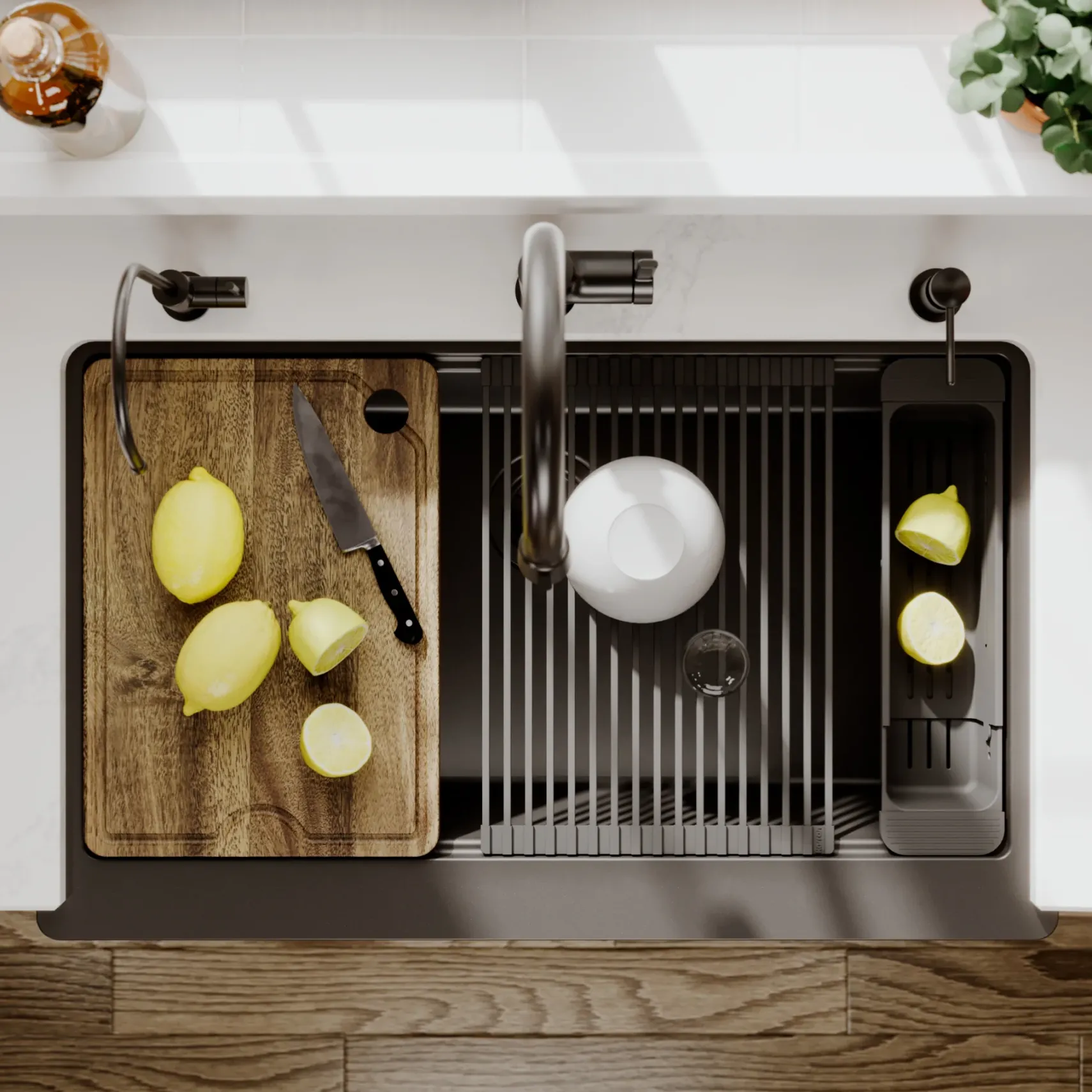 Karran 34" Quartz Composite Retrofit Workstation Farmhouse Sink, Black, QARWS-740-BL-PK2