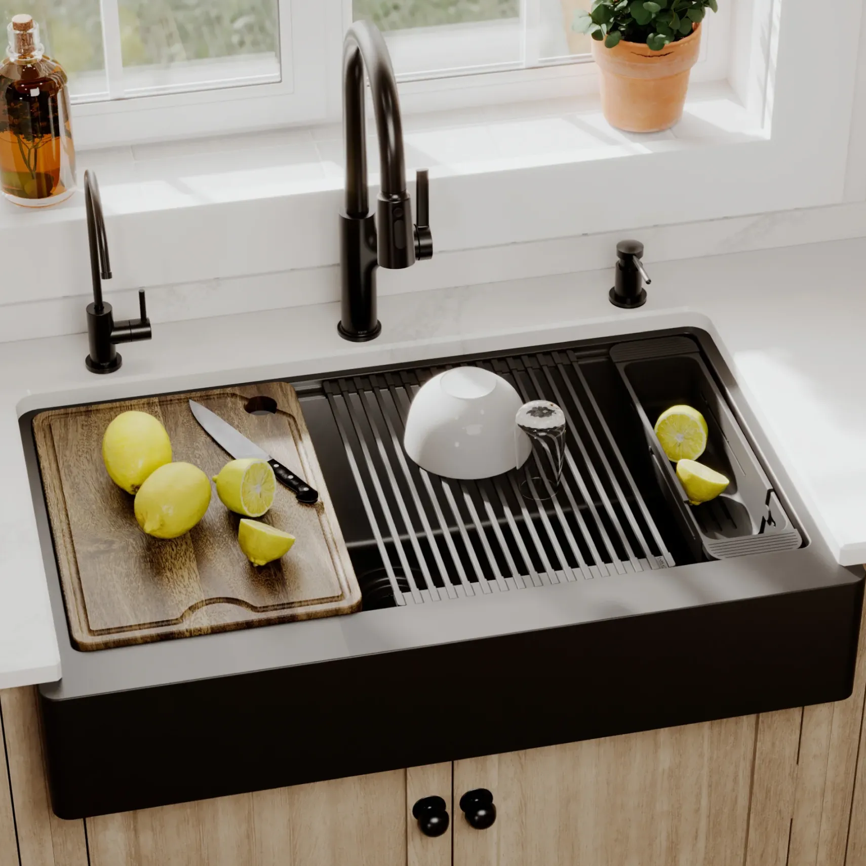 Karran 34" Quartz Composite Retrofit Workstation Farmhouse Sink, Black, QARWS-740-BL-PK2