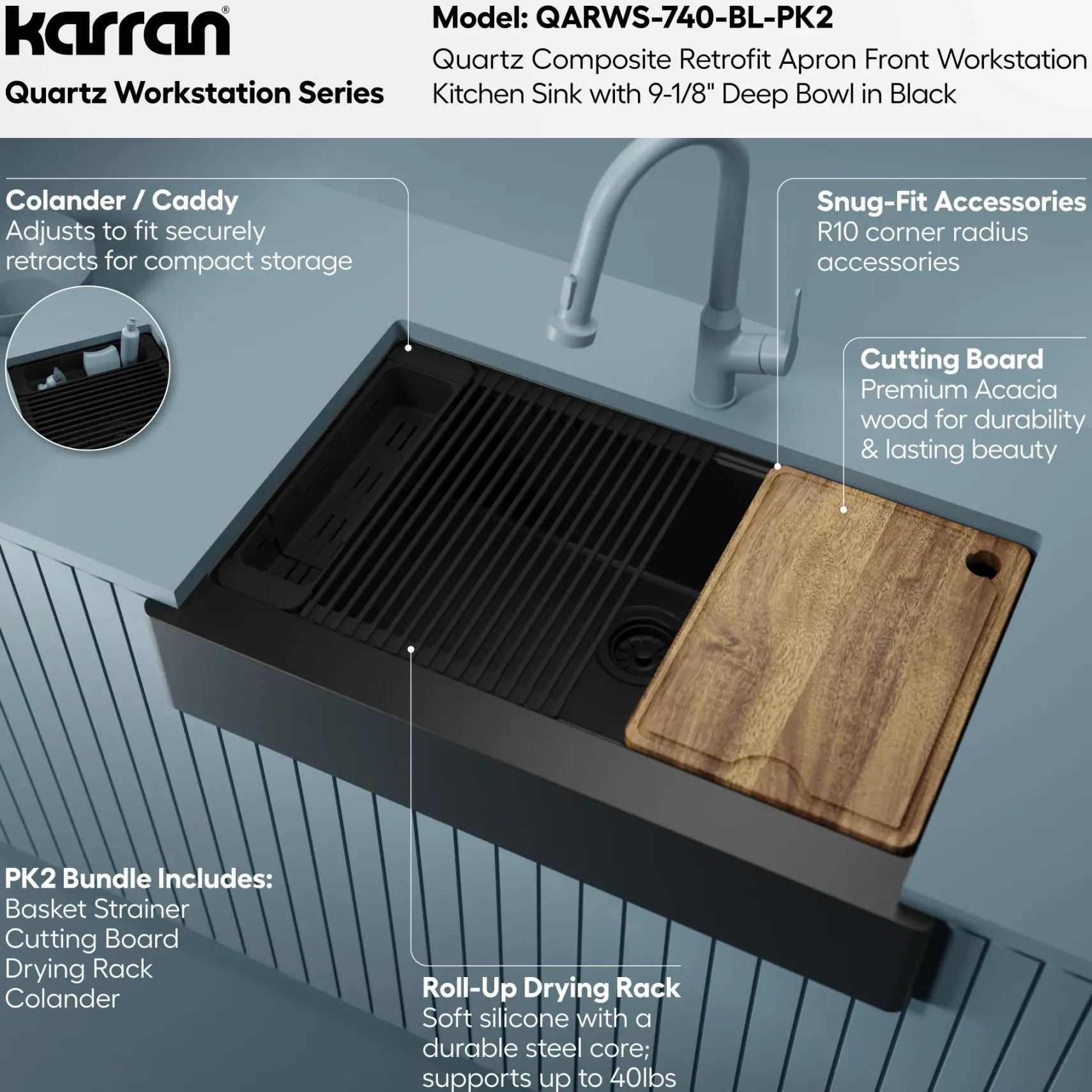 Karran 34" Quartz Composite Retrofit Workstation Farmhouse Sink, Black, QARWS-740-BL-PK2