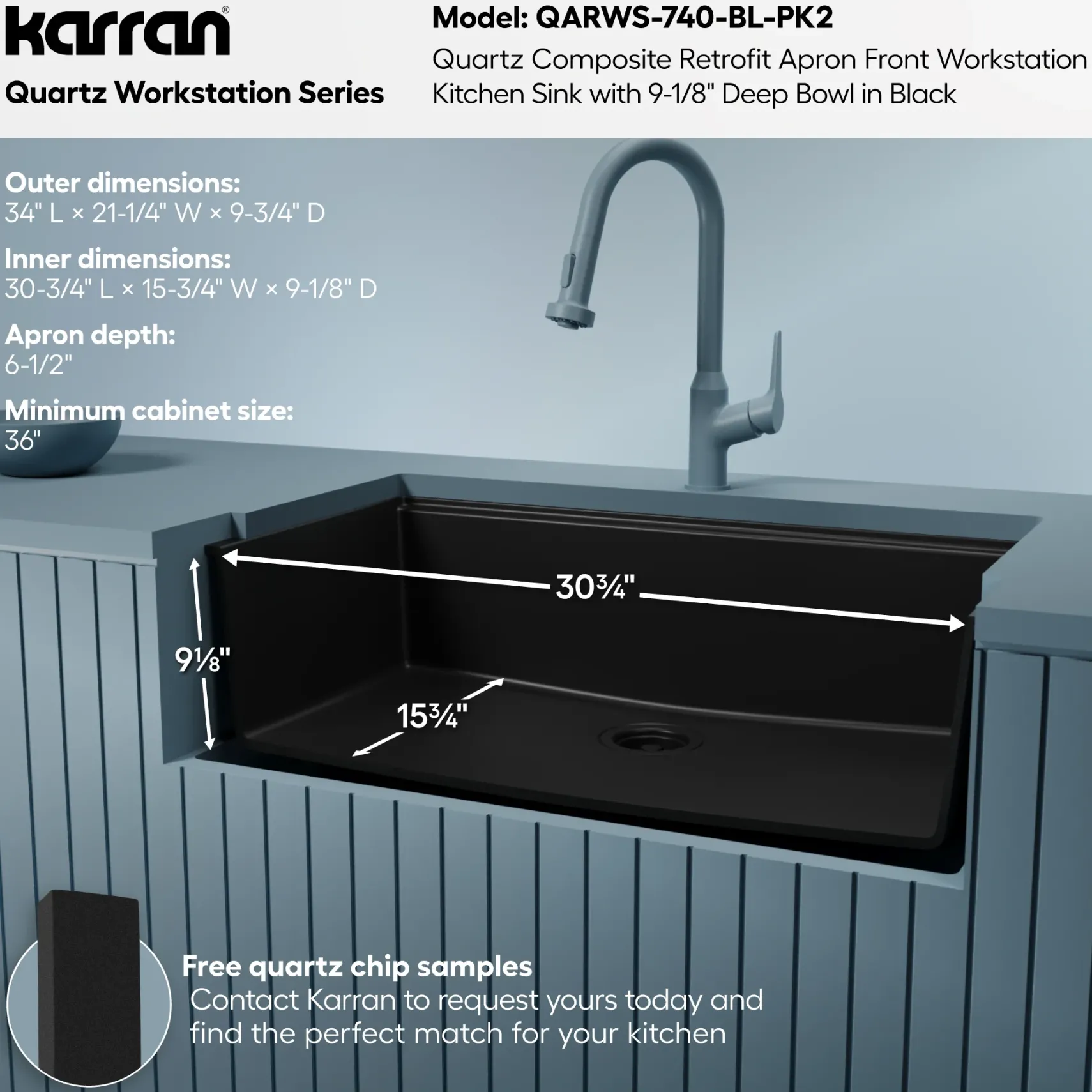 Karran 34" Quartz Composite Retrofit Workstation Farmhouse Sink, Black, QARWS-740-BL-PK2
