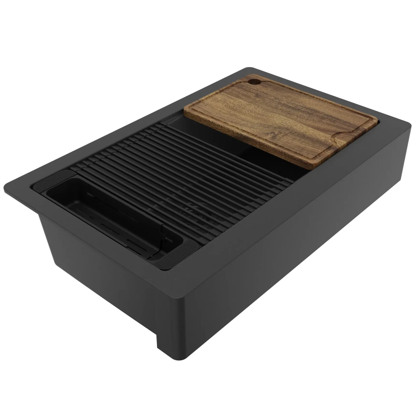 Karran 34" Quartz Composite Retrofit Workstation Farmhouse Sink, Black, QARWS-740-BL-PK2