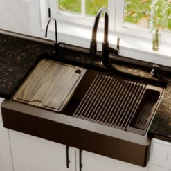 Karran 34" Quartz Composite Retrofit Workstation Farmhouse Sink, Brown, QARWS-740-BR-PK2
